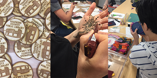 Collage of makerspace photos, left to right: laser-cut TCPL logos, a hand with henna decoration, and a person embroidering fabric
