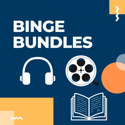 image advertising binge bundles featuring a picture of headphones, movie reel, and book