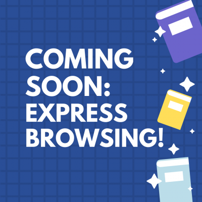 Image advertising Express Browsing announcement, white text on a blue background, with yellow, purple and blue along right edge