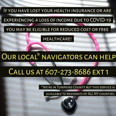 Image from HSC of Tompkins County announcing health care navigator number at 607-273-8686 ext 1