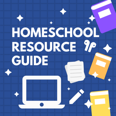 image advertising homeschool resource guide featuring white lettering on blue background and book, laptop, paper, pencil, and ear bud icons