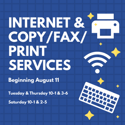 Image advertising internet and copy/fax/print services beginning August 11 featuring white images of keyboard and printer against a blue background