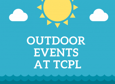 outdoor events summer 2019 banner featuring illustration of yellow sun and white clouds against a blue background