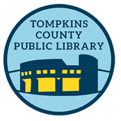 The logo for Tompkins County Public Library. It is a silhouette of the Library's facade, with yellow highlights indicating the lights are on inside and all are welcome.