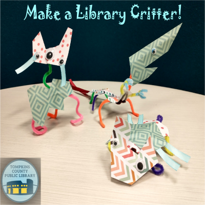 Image showing critters made of recycled materials and the words Make a Library Critter