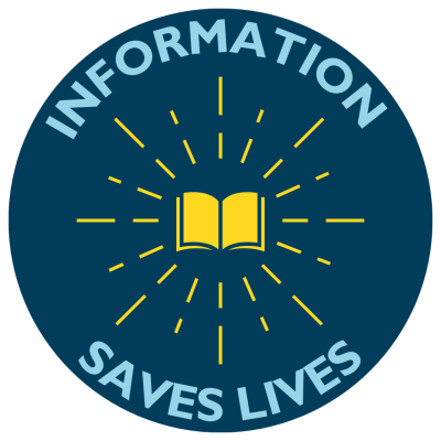 Blue, yellow and navy logo with the words "information saves lives"