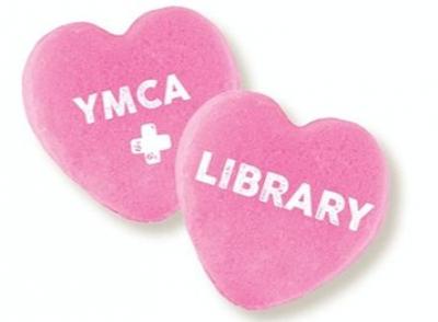 Image of pink conversation hearts labeled YMCA plus Library