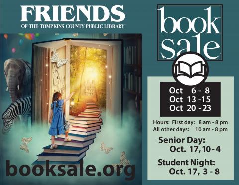 Friends Book Sale poster featuring image of young girl walking up a stack of books