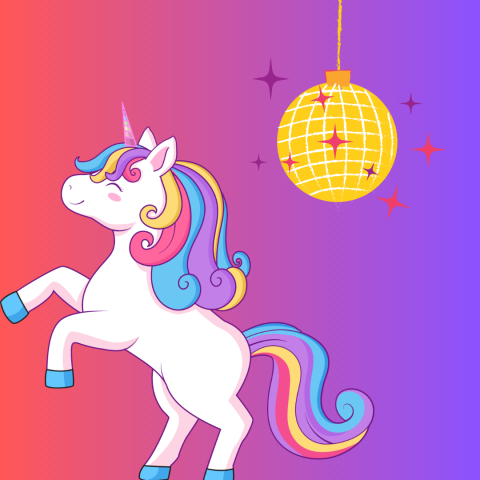 unicorn and disco ball on a red and purple background