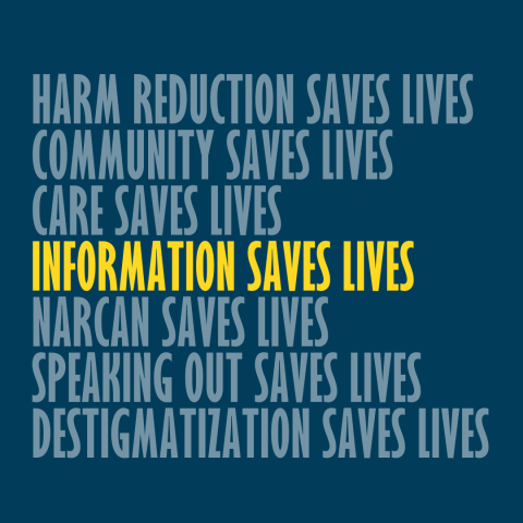 Harm reduction saves live, community saves lives, care saves lives, INFORMATION SAVES LIVES, narcan saves lives, speaking out saves lives, destigmatization saves lives