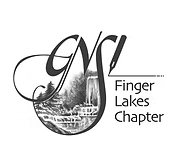 Guild of Natural Science Illustrators Finger Lakes chapter logo. Black text on white background featuring a picture of a waterfall.