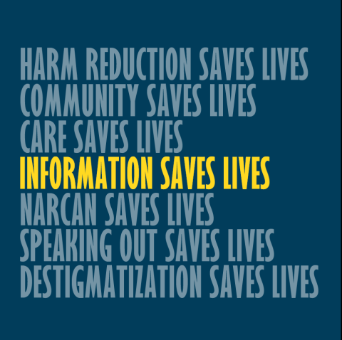 Blue background with text overlaid. Harm Reduction Saves Lives. Community Saves Lives. Care Saves Lives. Information Saves Lives. Narcan Saves Lives. Speaking Out Saves Lives. Destigmatization Saves Lives.