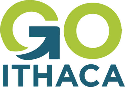 Logo for GO ITHACA. "Go" is in green, stylized text with a blue arrow forming the right bottom corner of the G, showing an arrow going upward. "Ithaca" is in navy blue text.