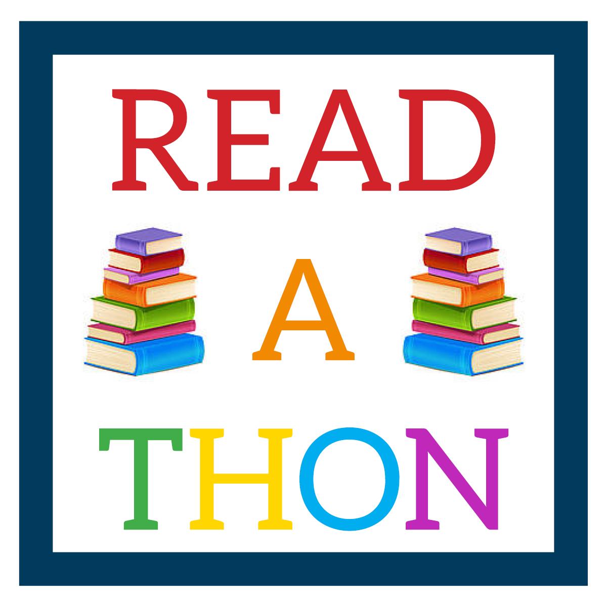Readathon logo, stacks of colorful books