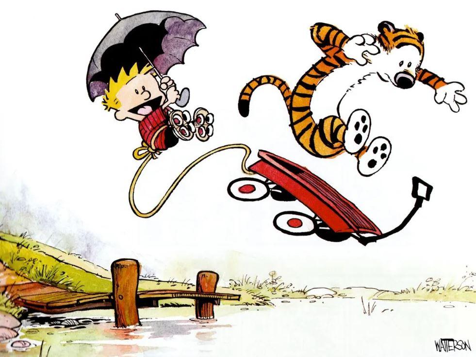 Artwork of Calvin and Hobbes from the cover of the first published comic collection