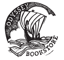 Logo for Odyssey Bookstore showing a stylization of a bronze age sailing ship on a sea of books